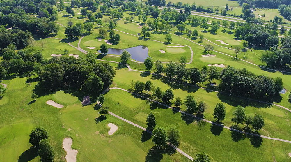 Aerial view of golf holes at the Rend Lake Golf Complex in Southern Illinois